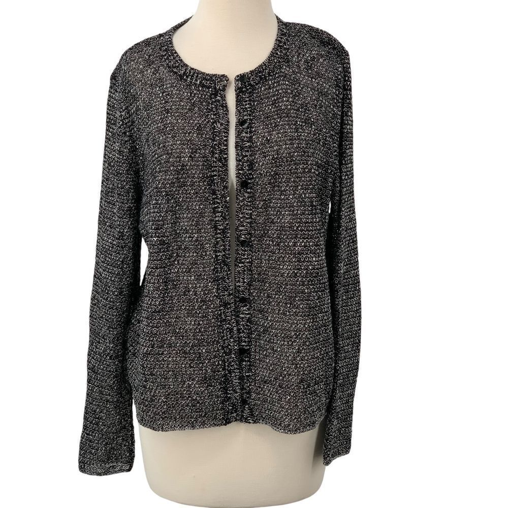 Eileen Fisher Long Sleeve Button Down‎ Textured Cardigan Sweater Black/White L